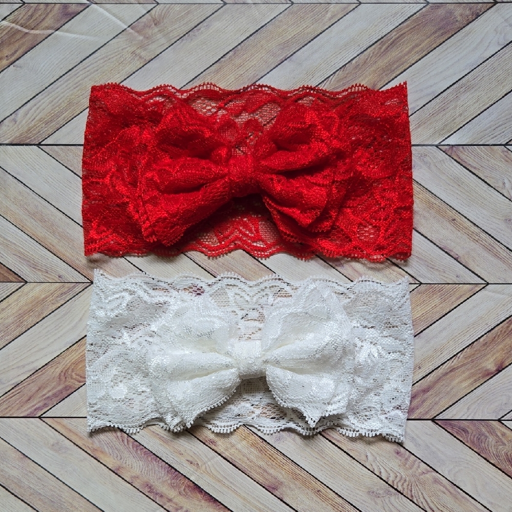 Baby Girl Red White Lace Stretch Bow Headband Floral Toddler Hair Band Accessory